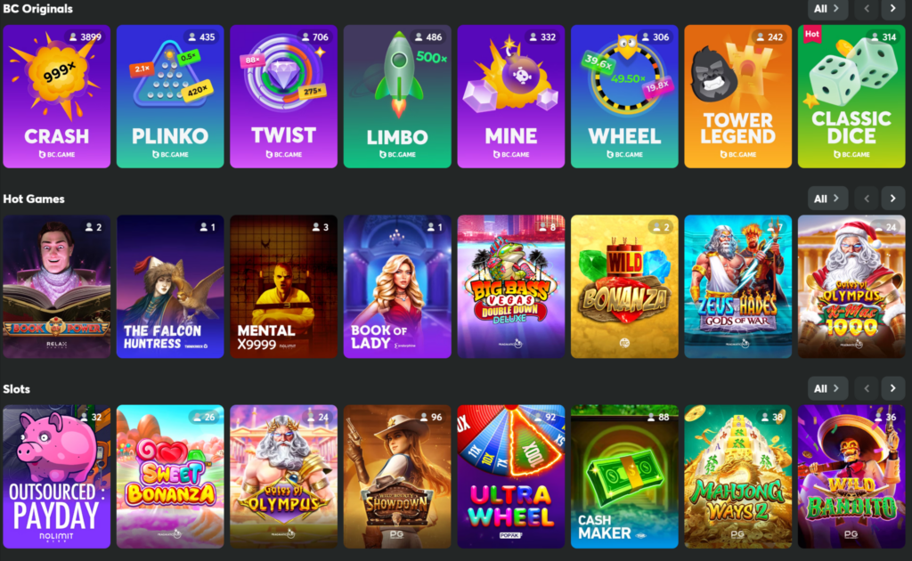 casino game selection at BC.GAME | bonuscrypto.com