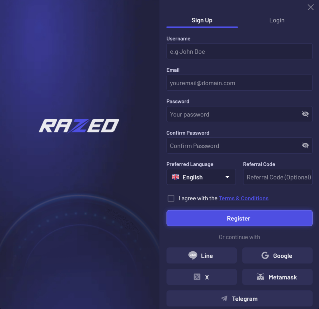 Razed casino sign-up form | bonuscrypto.com